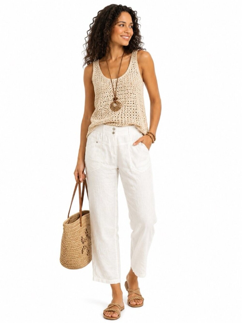 Street One Olivia White Linen Blend Pants Size 10 Lightweight Resort Travel